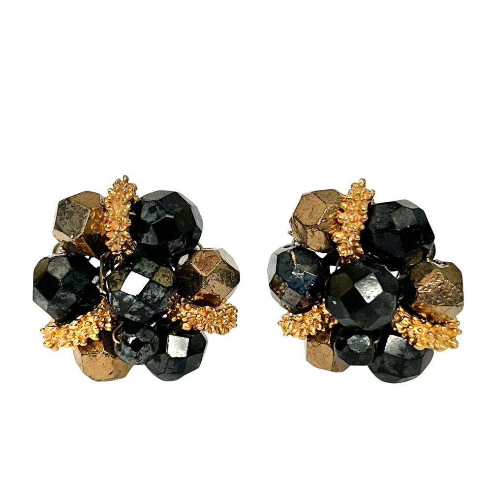 Vintage Laguna Black Gold Faceted Glass Beaded Clip-On Cluster Earrings